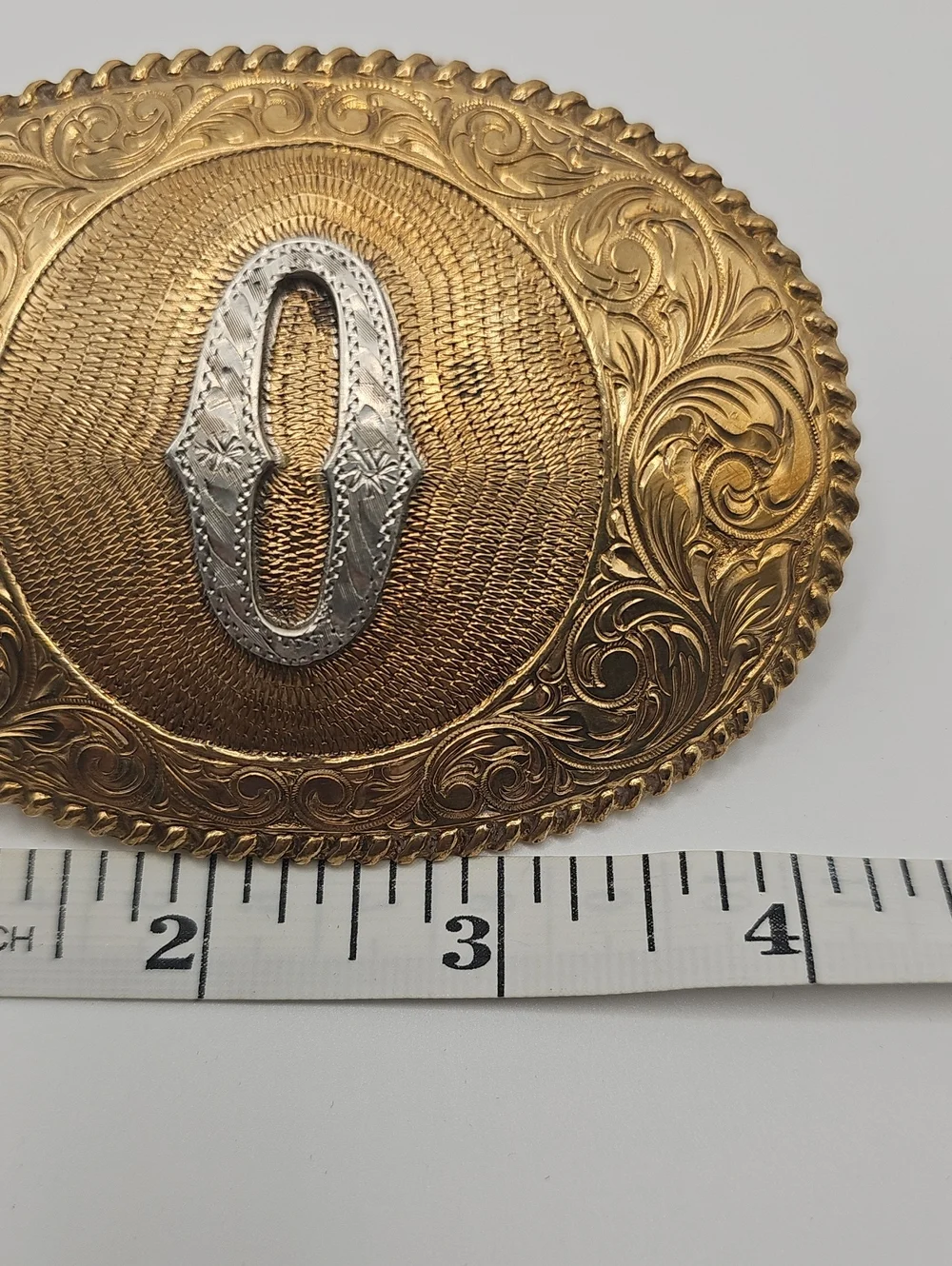 Crumrine El Futuro Bronze Belt Buckle Mens Size OS Gold Silver Initial O Vintage